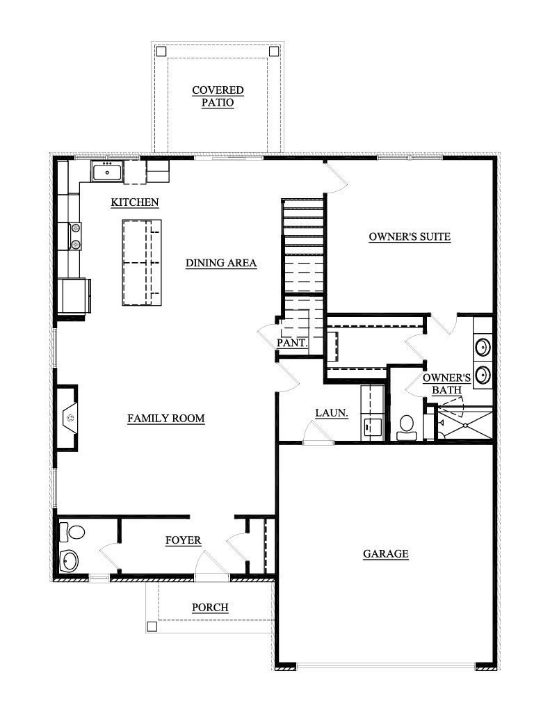 Main level floor plan of the National Craftsman plan at 9312 Woodgate Circle, Alvaton, KY, showing the family room, kitchen, dining area, owner's suite, laundry, foyer, garage and covered patio